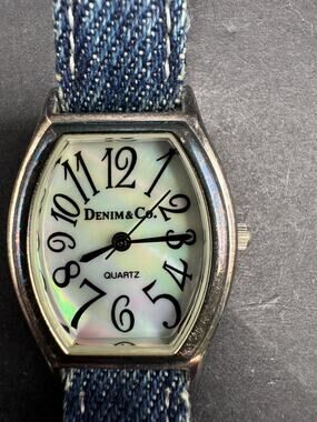 Denim & Co Ladies Quartz Watch Sterling Silver 25mm MOP Dial Blue Denim Band